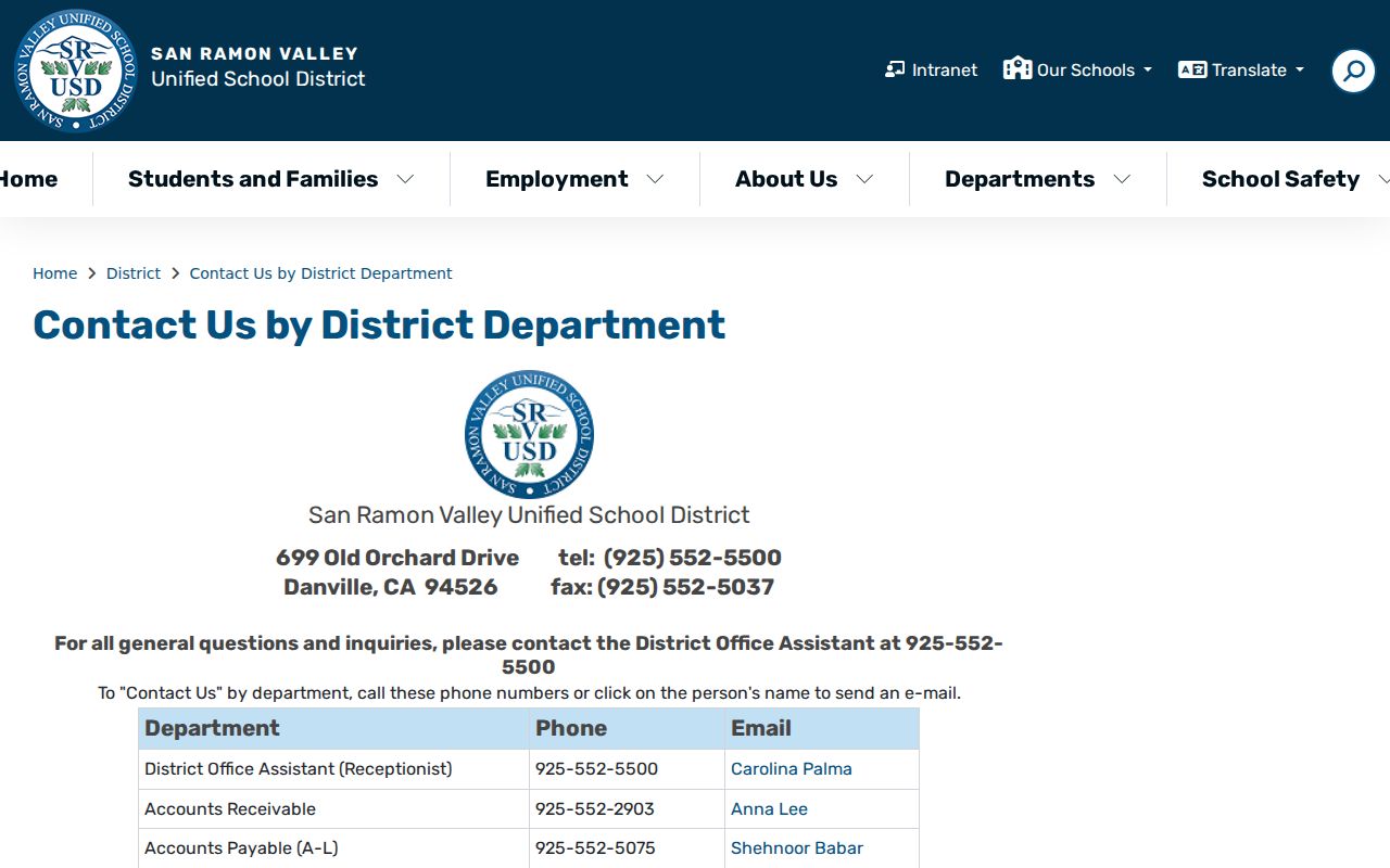 San Ramon people directories screenshot of SRVUSD department contacts