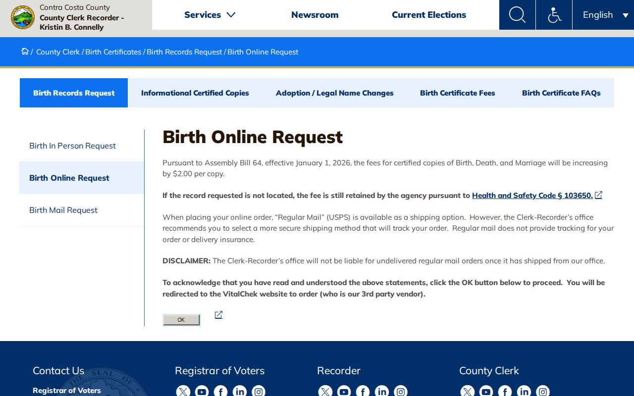 Contra Costa birth order page for San Ramon public records copies