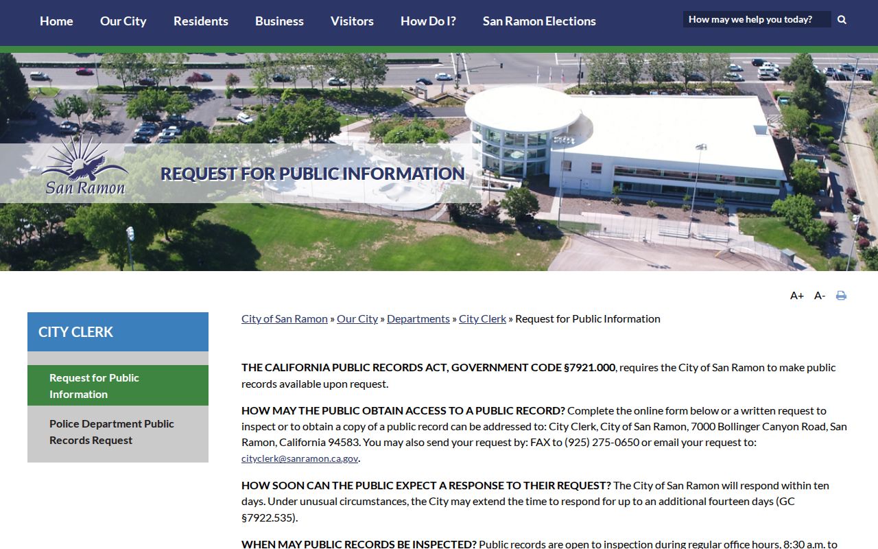 San Ramon public records request channels at the City Clerk